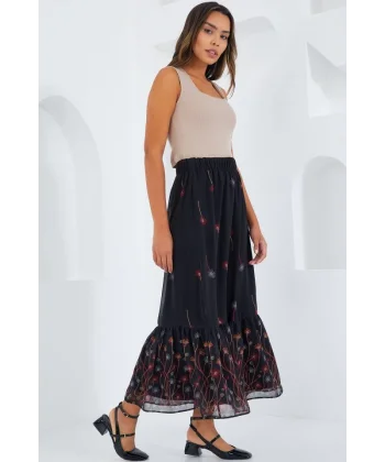 Siyah Turuncu Desenli Şifon Etek 8010