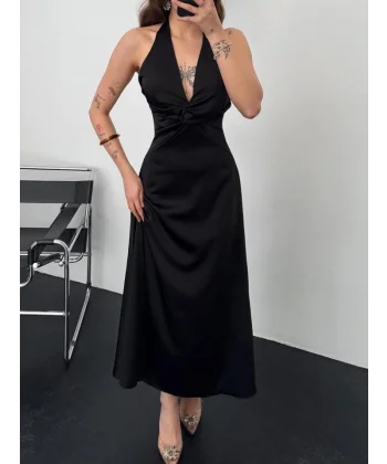 Siyah Uzun Saten Elbise