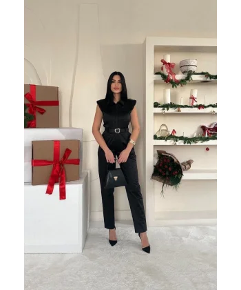 Siyah Vatkalı Kemerli Tulum