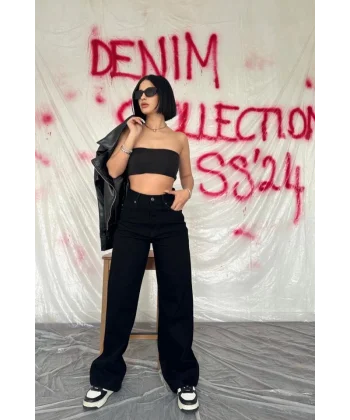 Siyah Yüksek Bel Ve Geniş Paça Jeans Pantolon