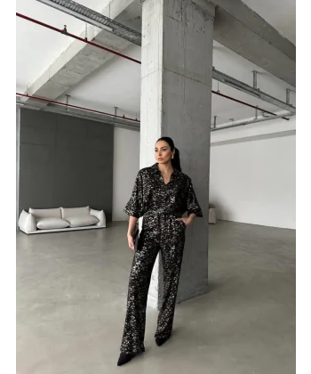 SİYAH ZEMİN VARAKLI BLUZ PANTOLON TAKIM - Gold