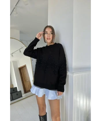 Siyah Zikzak Boncuklu Triko Kazak