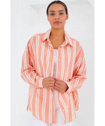 Somon Beyaz Çizgili Oversize Keten Gömlek 20251