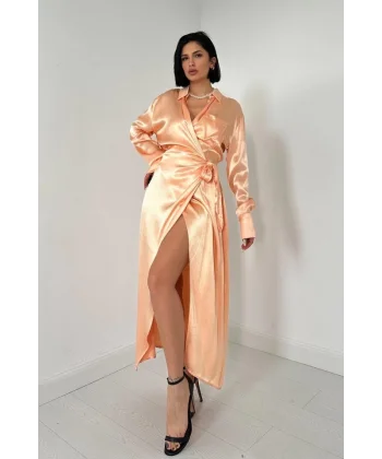 Somon Kuşaklı Gömlek Elbise