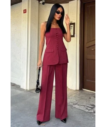 Straplez Büstiyer Ve Palazzo Pantolon Çizgili Takım 10005