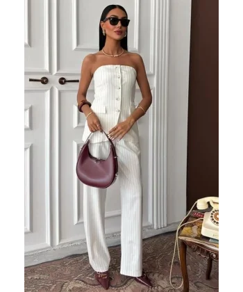 Straplez Büstiyerli Plazzo Pantolonlu Çizgili Takım 10151