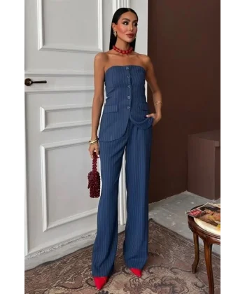 Straplez Büstiyerli Plazzo Pantolonlu Çizgili Takım 10151