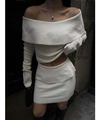 Straplez , Madonna , Carmen Yaka Croplu Mini Etekli ikili Takım Triko - Beyaz
