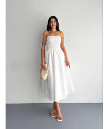 Straplez Pileli Elbise - Beyaz