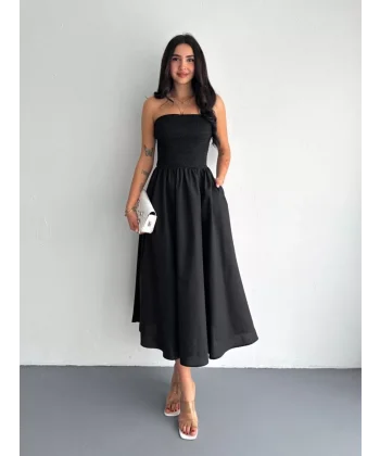 Straplez Pileli Elbise - Siyah