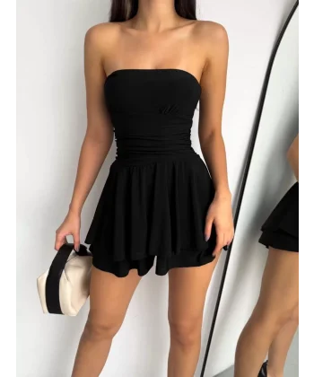 Straplez Sandy Kumaş Şortlu Prenses Etek Mini Kloş Elbise - Siyah