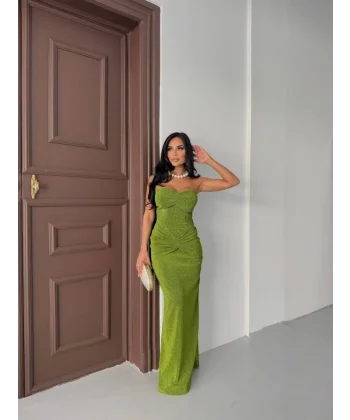 Straplez Simli Uzun Elbise