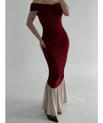 Striptiz Omuzlu Uzun Elbise- Bordo