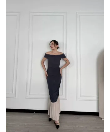 Striptiz Omuzlu Uzun Elbise- Füme
