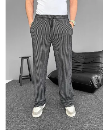 Su Yolu Çizgili Cepli Pantalon - Siyah