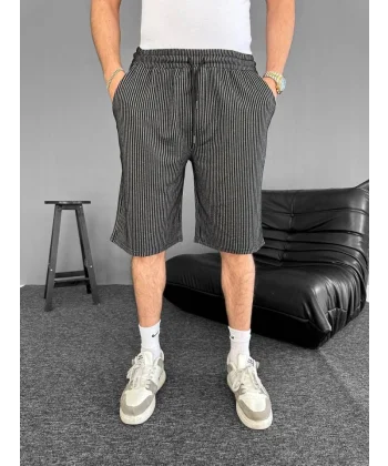 Su Yolu Çizgili Cepli Şort- Siyah