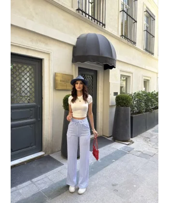 Su Yolu Çizgili kolay Kombinle Ne Bilir Cepli Pantolon - Açık Mavi