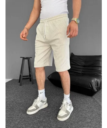 Su Yolu Çizgili Ön Arka Cepli Şort Yazlık Nefes Alabilir - Bej