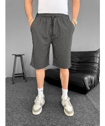 Su Yolu Çizgili Ön Arka Cepli Şort Yazlık Nefes Alabilir - Siyah