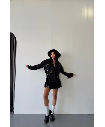 SÜET CROP CEKET KOL 3 KEMER DETAYLI - Siyah