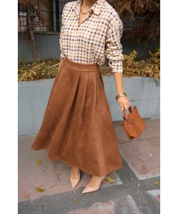 Süet Düz Etek - Taba