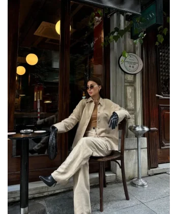 Süet Gömlek Palazzo Pantolon İkili Takım - Bej