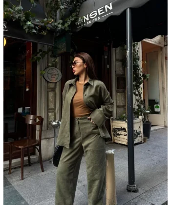 Süet Gömlek Palazzo Pantolon İkili Takım - Haki