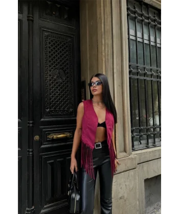 SÜET PÜSKÜLLÜ YELEK  Bordo