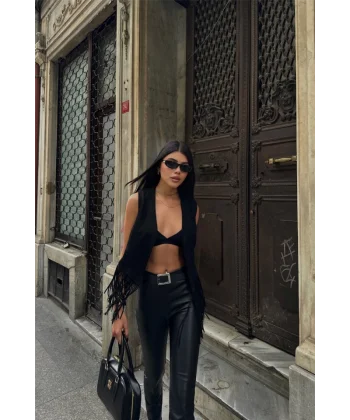 SÜET PÜSKÜLLÜ YELEK  Siyah