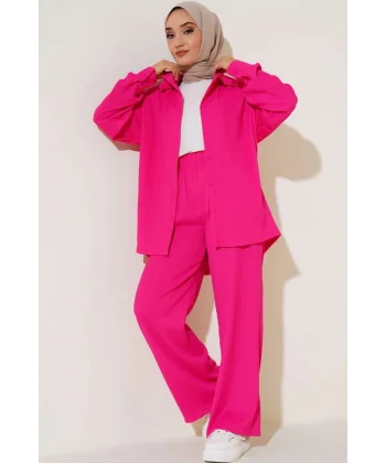 T5858 Örme Tesettür İkili Takım - Fuşya
