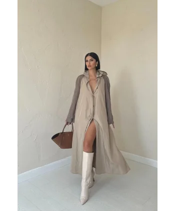 Taba Kapüşonlu Uzun Trençkot