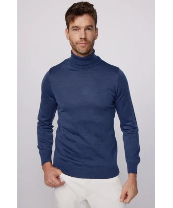 Tam Boğazlı Balıkçı Yaka Dokuma Triko - İndigo