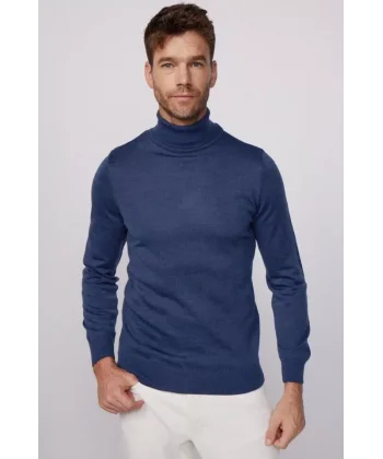 Tam Boğazlı Balıkçı Yaka Dokuma Triko - İndigo