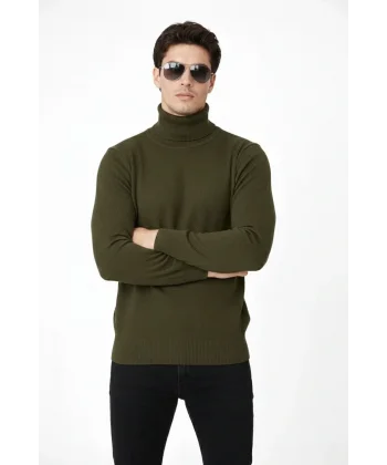 Tam Boğazlı Balıkcı Yaka Triko Kazak yumuşak dokulu Pamuklu ince Dokuma, uzun kollu Rahat Regular kalıp - Haki