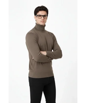 Tam Boğazlı Balıkcı Yaka Triko Kazak yumuşak dokulu Pamuklu ince Dokuma, uzun kollu Rahat Regular kalıp - Kahverengi