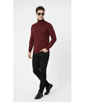 Tam Boğazlı Balıkcı Yaka Triko Kazak yumuşak dokulu Pamuklu ince Dokuma, uzun kollu Rahat Regular kalıp - Bordo