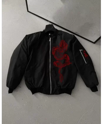 Erkek Unisex Siyah Bomber Mont – Kırmızı Ejderha Desenli, Fermuarlı Cepli, Kapitone Astarlı Günlük ve Sokak Modası Ceket - Siyah