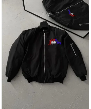 Tam Fermuarlı Uzun Kol Baskılı Bomber Ceket - Siyah