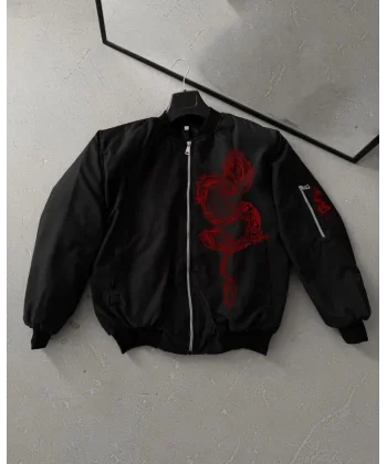 Tam Fermuarlı Uzun Kol Baskılı Bomber Ceket - Siyah