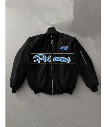 Siyah Parliament Bomber Mont – 46 Numara Detaylı, Fermuarlı, Cepli, Uzun Kollu, Spor ve Günlük Giyim İçin Rahat Unisex Mont - Siyah