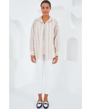 Taş Beyaz Çizgili Oversize Keten Gömlek 20251