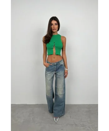 Taş Detay Dekolteli Crop Bluz