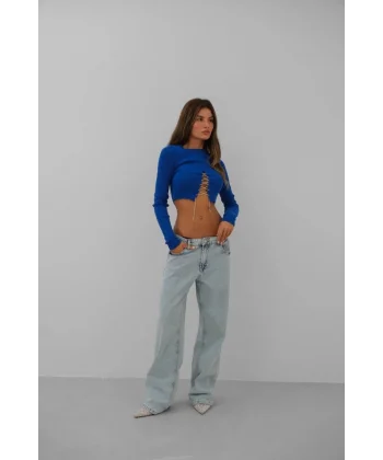 Taş Detay Triko Yaka Crop Bluz