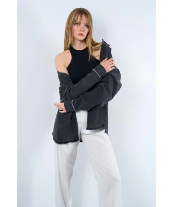 Taş Detaylı Cepli Gömlek  iyah