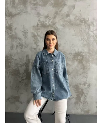 Taş İşlemeli Dökümlü Kot Gömlek