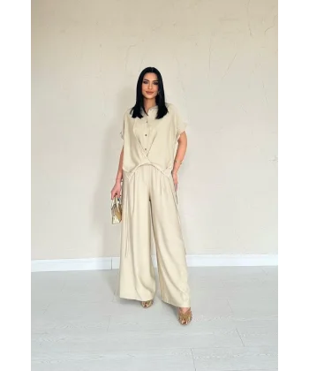 Taş Önü Pileli İkili Keten Takım