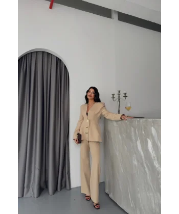 TASARIM CEKET-PANTOLON TAKIM METAL DÜĞME DETAYLI - Bej