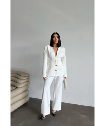 TASARIM CEKET-PANTOLON TAKIM METAL DÜĞME DETAYLI - Beyaz
