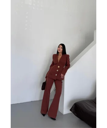 TASARIM CEKET-PANTOLON TAKIM METAL DÜĞME DETAYLI - Kahverengi