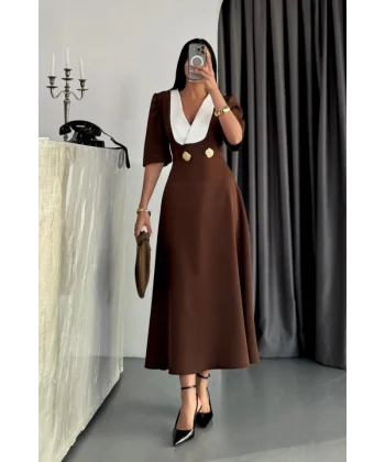 TASARIM ELBİSE CEKET YAKA GOLD DÜĞME DETAYLI KISA KOL - Kahverengi